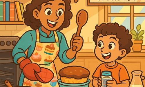 A chef, Lila, a woman with sparkling eyes and curly brown hair, smiles enthusiastically as she takes a golden chocolate soufflé out of the oven. She wears a colorful apron decorated with cake patterns and holds a wooden spatula, filled with pride and joy. Beside her, Benny, an 8-year-old boy with curly hair and a mischievous smile, watches her with admiration, his eyes shining with excitement, holding a jar of sprinkles in his small hands. The scene takes place in the "Whisk & Whimsy" bakery kitchen, where the walls are decorated with colorful jars of jam and shelves filled with recipe books. Sunbeams filter through the windows, illuminating the scattered ingredients on the countertop, creating a warm and welcoming atmosphere. Lila and Benny are preparing for the baking contest, surrounded by delicious aromas of chocolate and vanilla, while the puffed and golden soufflé proudly sits on the table, symbolizing their teamwork and passion for cooking.