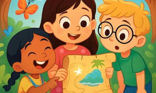 Há 3 personagens: - Luna: uma menina de 7 anos, com longos cabelos castanhos e olhos brilhantes. Ela usa um vestido rosa com bolinhas e segura um velho rolo de mapa nas mãos, olhando maravilhada. - Pedro: um menino de 8 anos, com cabelos loiros bagunçados e óculos redondos. Ele veste uma camiseta verde e um short azul, inclinado para ler o texto do misterioso mapa. - Sofia: uma menina de 6 anos, com cabelos negros trançados e um grande sorriso. Ela está vestida com um macacão amarelo e está ao lado de Luna, apontando para uma estrela brilhante no mapa. Os três amigos estão em um jardim encantado, cheio de flores vibrantes, grandes árvores tortuosas e borboletas coloridas voando ao redor. O sol brilha através das folhas, criando sombras dançantes no chão. A situação principal da história mostra as crianças descobrindo um antigo tesouro: um magnífico e misterioso mapa do tesouro que brilha sob o sol, prometendo uma aventura rumo à mágica 