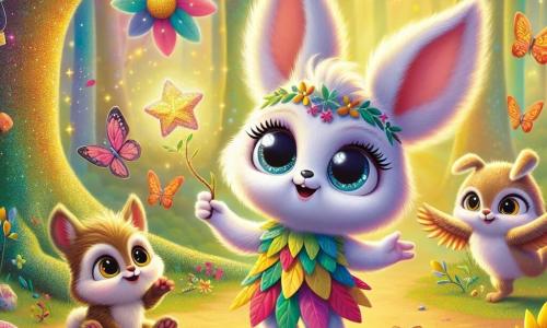 Trixi, uma pequena criatura com grandes orelhas peludas e olhos brilhantes como estrelas, está no centro da cena, com um sorriso maravilhado. Ela usa uma túnica colorida feita de folhas e flores, olhando com empolgação um balão colorido que sobe ao céu. À sua direita, Nino, um coelhinho travesso com pelagem sedosa e patas grandes, salta alegremente, seus olhos brilhando de curiosidade. Ele segura uma pequena pedra brilhante, pronto para ajudar Trixi. À esquerda, Lila, uma sábia coruja com penas douradas e grandes olhos redondos, está empoleirada em um galho, observando a cena com um olhar benevolente e um leve sorriso, suas asas levemente abertas. O cenário é uma floresta mágica, com árvores de troncos coloridos e folhas cintilantes, iluminada por uma suave luz dourada. Flores vibrantes e borboletas dançam ao redor, adicionando um toque de encanto ao ambiente. A cena mostra Trixi, Nino e Lila se preparando para fazer o balão decolar, cheios de empolgação e expectativa para sua grande aventura nos céus.
