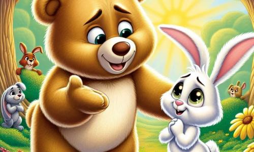In the center of the image, Benny, a soft and fluffy teddy bear with shiny golden fur, displays a big warm and encouraging smile. He reaches out his paw to Timmy, a small rabbit with long floppy ears, who looks shy but is starting to smile, his eyes shining with hope. Daisy, a white rabbit with sparkling eyes, stands a little back with a surprised expression, realizing she wants to join them. The setting is a sunny clearing in an enchanted forest, surrounded by majestic trees with vibrant green leaves and colorful flowers dancing in the breeze. The scene shows Benny and Timmy encouraging each other, while Daisy, hesitant but curious, slowly approaches, creating an atmosphere of camaraderie and inclusion.