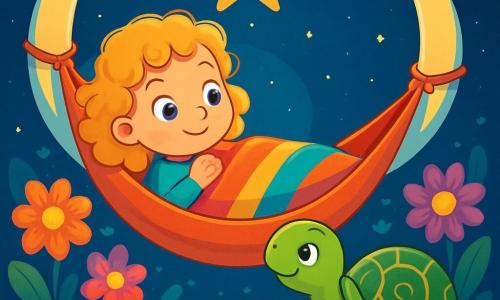 Een klein meisje van 6 jaar, Emma, met blond, krullend haar en grote, nieuwsgierige ogen, ligt in een hangmat tussen twee zilveren maanstralen. Ze heeft een serene, dromerige glimlach en is gewikkeld in een zachte, kleurrijke deken. Dichtbij beweegt een wijze en vriendelijke schildpad met een groene schild versierd met gouden patronen langzaam over de sterrenhemel, kijkend naar Emma met genegenheid. Ze lijkt haar zoete woorden te fluisteren, wat een gevoel van rust brengt. De plek is een magische nachtelijke tuin, verlicht door het zachte maanlicht. Heldere, kleurrijke bloemen bloeien rondom de hangmat, en een grote, fonkelende ster straalt erboven, wat een vleugje magie aan de scène toevoegt. Emma zweeft vredig in haar hangmat, wiegend op een zachte melodie, terwijl de schildpad haar geruststellende adviezen geeft over het belang van tijd nemen en van elk moment genieten.