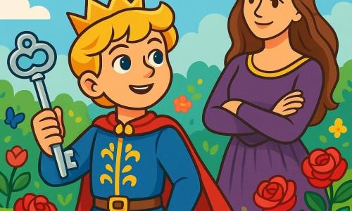 Der Prinz Leander, ein etwa 10-jähriger Junge mit glänzendem goldenem Haar und neugierigen Augen, steht im Zentrum des Bildes. Er trägt eine blaue Tunika mit goldenen Mustern, und sein Gesicht zeigt mutige Entschlossenheit. In seiner Hand hält er einen schimmernden silbernen Schlüssel und blickt hoffnungsvoll in die Ferne. An seiner Seite steht die Königin, eine majestätische Frau von etwa 35 Jahren mit langen kastanienbraunen Haaren und einem lila Samtkleid, die ihn mit einem wohlwollenden Lächeln beobachtet, die Arme vor der Brust verschränkt. Der Hintergrund ist ein bezaubernder Garten voller leuchtender Rosen und bunten Blumen unter einem hellblauen Himmel mit fluffigen Wolken. Bunte Vögel fliegen um sie herum und verleihen der Szene einen Hauch von Magie. Die Hauptsituation zeigt Leander, der bereit ist, den geheimnisvollen Weg zu betreten, der sich vor ihm auftut, entschlossen, sein Königreich aus dem dunklen Nebel zu retten, der es umgibt.