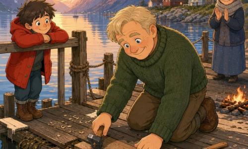 A middle-aged man with ash-blond hair in soft strands, a round smiling face and bright blue eyes, wearing a green wool sweater and leather boots, kneels on a worn wooden pier at sunset, calmly focused as he fits a thick plank to patch a hole; an 8-year-old boy with tousled brown hair and a red coat watches admiringly from the pier railing to the man's left, while an elderly woman of about 70 with white hair in a bun and a gray scarf softly claps from the shore near a small wood fire; the pier juts into a gleaming fjord reflecting snow-capped mountains, calm waters, missing boards, ropes tied to posts and dark seaweed at the edge—warm, reassuring atmosphere with wood shavings and precise small movements.