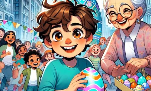 Un niño de 11 años, Lucas, con cabello castaño desordenado y ojos brillantes de curiosidad, está en el centro de la escena, sonriendo con entusiasmo mientras sostiene un huevo de Pascua azul brillante en sus manos. A su lado, su abuela, doña Carmen, una mujer de unos 70 años, con cabello gris recogido en un moño y gafas redondas, lo anima con una mirada orgullosa, sosteniendo una caja de decoraciones coloridas. La escena tiene lugar en una gran plaza central de la ciudad, animada y vibrante, decorada con puestos coloridos llenos de golosinas, flores brillantes y decoraciones de Pascua, mientras un enorme huevo de Pascua pintado de colores vivos se destaca en el centro. Lucas y doña Carmen participan en la búsqueda de huevos de Pascua, rodeados de otros niños que corren alegremente, buscando huevos escondidos bajo los arbustos y detrás de los puestos, creando un ambiente festivo y lleno de alegría.