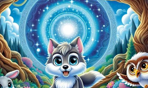 Un lobo amigable llamado Lucho, con un suave pelaje gris y ojos brillantes de curiosidad, está en el centro de la imagen, sonriendo emocionado al descubrir un portal mágico iluminado con un resplandor azul brillante. A su derecha, una lechuza sabia con grandes ojos redondos y plumas marrones, expresa una serenidad benevolente, observando a Lucho con una sonrisa alentadora. A su izquierda, un pequeño conejo de grandes orejas blancas, con ojos chispeantes de entusiasmo, salta alegremente, listo para acompañar a Lucho en su aventura. Al fondo, un paisaje encantador del bosque de Susurros, con árboles de troncos retorcidos, hojas verdes brillantes y flores coloridas, se mezcla con un cielo azul salpicado de nubes esponjosas. La escena captura el momento mágico en que Lucho se prepara para entrar en el portal, simbolizando el comienzo de su increíble viaje en el tiempo.