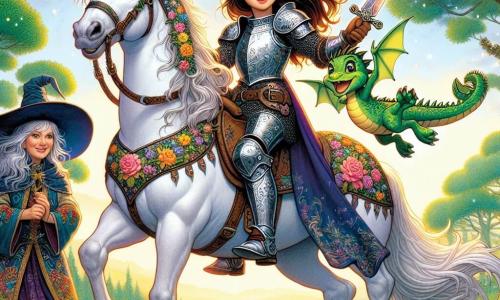 În centrul imaginii, o tânără cavaleră pe nume Elenia, în vârstă de aproximativ 18 ani, stă mândră pe calul ei alb, Ninse. Ea poartă o armură strălucitoare, împodobită cu motive florale, iar fața ei radiază determinare și curaj. Părul ei lung și brun flutură în vânt în timp ce ține o sabie strălucitoare, pregătită să își apere regatul. Lângă ea, un mic dragon pe nume Firi, cu solzi verzi și ochi jucăuși, zboară în cercuri în jurul ei, emanând scântei de magie. Un pic mai departe, o vrăjitoare bună pe nume Mara, în vârstă de aproximativ 25 de ani, stă cu un zâmbet cald, ținând o baghetă magică strălucitoare. Decorul este o pădure fermecată, cu copaci majestuoși și flori colorate. Situația principală arată cum Elenia, Firi și Mara se pregătesc să înfrunte un mare monstru în depărtare, având expresii de determinare și curaj.