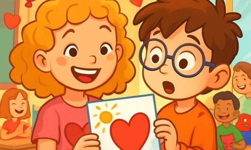 Una ragazza di 8 anni, Emma, con capelli ricci e dorati, indossa una maglietta rosa con un grande cuore disegnato sopra. Ha un sorriso radioso e occhi scintillanti di gioia, mentre tiene un disegno colorato tra le mani. Accanto a lei, un ragazzo di 8 anni, Matteo, con occhiali rotondi e capelli castani disordinati, guarda il disegno con meraviglia, gli occhi brillanti di sorpresa. Sullo sfondo, un'aula decorata per San Valentino, con palloncini rossi e festoni di cuori appesi al soffitto, e bambini che ridono e scambiano biglietti colorati. La scena mostra Emma e Matteo che condividono un momento di felicità, circondati da un'atmosfera festosa e calorosa, piena di sorrisi e gentilezza.