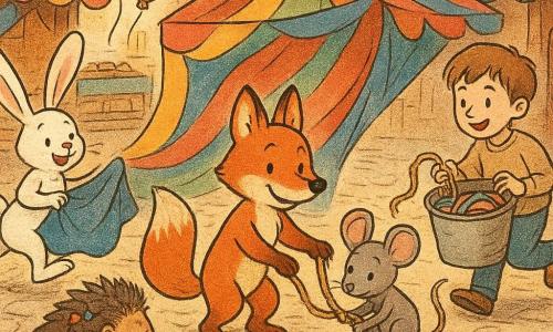 Félix, der kleine rotbraune Fuchs mit leuchtendem Fell, lächelnd und konzentriert, steht in der Mitte und zieht mit seinem buschigen Schwanz einen Kreis in der Staub, während er ein großes buntes Tuch richtet; Mina, die graue Maus mit lebhaften Augen, aufgeregt und eitel, hockt rechts und versucht, ein schmutziges Seilstück zu binden; Henriette, die große weiße Häsin mit langen rosa Ohren, lachend und hüpfend, bringt von links ein blaues Tuch herein; Igor, der stachelige braune Igel, etwas mürrisch aber gerührt, sitzt vorn, aufgerichtet und mit bunten Papierchen an den Stacheln, die die Freunde entfernen; Jonas, der Junge mit hellbraunen Haaren und schüchternem Lächeln, steht hinter Félix und reicht einen großen Eimer mit Bändern und einem langen glänzenden Tau; Schauplatz: ein belebter, gepflasterter Marktplatz mit bunten Holzständen, schwebenden Ballons, einer alten runden Bank und einer kleinen Holztür, warme Lichter im Hintergrund; Hauptsituation: eine fröhliche, leicht chaotische Szene beim Aufbau einer „Regenbogenzelt“-Konstruktion mit flatternden Stoffen und Bändern, lachenden Freunden und bewegter, heller Atmosphäre; Grafikstil: weiche Striche, Tinten- und Punktstrukturen wie Zeitungsdruck, lebhafte leicht verblasste Palette und starke Kontraste für die Figuren.