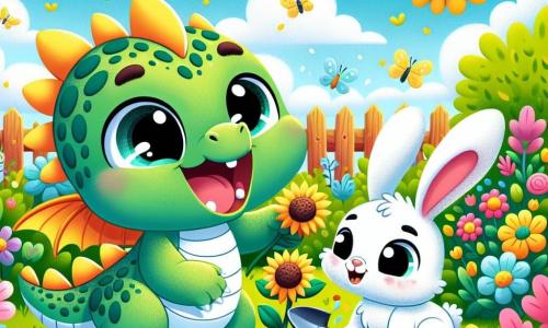 Un piccolo drago di nome Luma, con scaglie verdi brillanti e occhi scintillanti di gioia, sta piantando fiori in un giardino colorato. Sorride ampiamente, con le sue piccole ali spiegate, mentre tiene un seme di girasole tra le zampe. Accanto a lui, un coniglio bianco con grandi orecchie e occhi curiosi, di nome Fiocco, guarda con meraviglia, la bocca aperta in un sorriso felice. Tiene una piccola pala ed è pronto a scavare un nuovo buco per piantare un tulipano. Sullo sfondo, il giardino è pieno di fiori splendenti di tutti i colori, con alberi in fiore e un cielo azzurro chiaro punteggiato di nuvole soffici. Farfalle danzano attorno ai fiori, aggiungendo magia alla primavera. La scena mostra Luma e Fiocco in azione, circondati dalla bellezza del giardino, mentre si divertono a piantare fiori insieme, celebrando l'arrivo della primavera.
