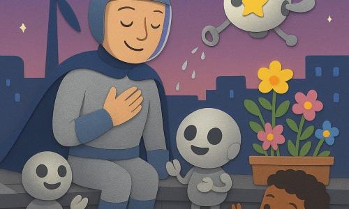 Kapitein Knipoog, glimlachend en rustig, zit op de rand van het dak met een korte nachtblauwe cape, een licht glanzend zilverkleurig pak en een helm met doorzichtige vizier; naast hem staat Piep, een klein rond robotje zo groot als een voetbal, zilverkleurig met lepelvormige armen en knopachtige lichtoogjes die vrolijk applaudisseren; een kleine zorgdrone met een glimlachende ster zweeft boven houten bloembakken en giet fijne zilveren druppels over kleurrijke bloempotten; beneden op een lager terras zwaait een ongeveer zesjarig jongetje in een rood jasje verwonderd en blij; het tafereel speelt zich af op het dak van de Wolkentoren bij schemering met grijze tegels, houten bakken vol gele, roze en blauwe bloemen, een grote ronde windturbine op de achtergrond en zachtblauwe stadslampjes, in een rustige, warme sfeer waarin de held de onrustige drone kalmeert zodat ze zacht de bloemen besproeit, alles zacht, kleurrijk en geruststellend in eenvoudige vormen en contrastrijke papierknipstijl.