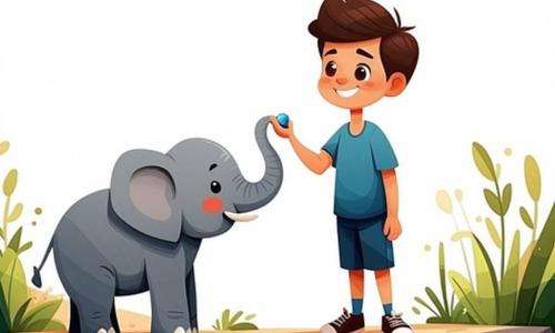 Niño de unos 10 años, rostro redondo, piel morena, sonrisa suave y ojos brillantes, extiende una pequeña piedra brillante; a su izquierda, un elefante pequeño y alegre de contornos redondeados y piel gris con detalles estilizados levanta la trompa para tomarla; el niño está a la derecha, de pie sobre una orilla arenosa y ocre, inclinándose hacia el elefante; detrás hay un gran árbol de hojas redondeadas, hierba corta y flores sencillas; el río azul claro fluye suavemente con reflejos blancos y el sol amarillo está arriba a la derecha; escena principal: intercambio cálido — el elefante recibe la piedra con la trompa con expresión joyful y notas musicales de colores.