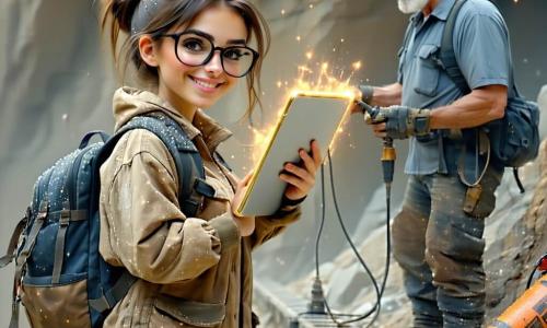 Una giovane archeologa dal viso determinato e sorridente, capelli castani raccolti in uno chignon e occhiali sottili, con giacca tecnica beige sporca di polvere argentata, tiene una tavoletta luminosa e punta una piccola boa flottante con uno strumento metallico; un tecnico sui 40 anni, con tuta blu a tasche, barba corta e casco sotto il braccio è accovacciato su una passerella metallica collegando un cavo grigio a un marcatore luminoso sulla destra; un pilota anziano di circa 60 anni, capelli grigi e sguardo vivace, appoggiato alla ringhiera sullo sfondo tiene una tazza di caffè sintetico osservando ammirato; il molo G è una grande piattaforma metallica nera con ruggine, file di lampade arancioni, passerelle a griglia, cupole di vetro turchese in lontananza, navette attraccate e un velo di polvere magnetica scintillante; situazione: al crepuscolo artificiale la squadra installa e calibra balise luminose che emettono aloni blu e filamenti di luce mentre la polvere magnetica turbinante avvolge i dispositivi, i tecnici regolano i cavi e il pilota osserva in una scena di lavoro calma e concentrata.