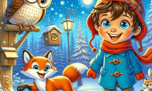Un bambino di 3 anni, di nome Luca, con capelli castani disordinati e grandi occhi brillanti di gioia, si trova al centro della scena. Indossa un cappotto blu vivace, un berretto rosso e stivali da neve, sorridendo con meraviglia. Accanto a lui, una volpe rossa di nome Pippo, con un pelo lucente e occhi maliziosi, salta felicemente nella neve, aggiungendo un tocco di magia all'immagine. Un saggio gufo di nome Olmo, posato su un ramo, osserva la scena con uno sguardo benevolo, le sue piume bianche e marroni contrastano con il blu del cielo. La scena si svolge in una foresta incantata, dove gli alberi sono coperti di neve scintillante e luci colorate illuminano la notte. Fiocchi di neve cadono dolcemente, creando un'atmosfera da favola. In lontananza, una cassetta delle lettere di legno è appesa a un grande albero, pronta a ricevere lettere per Babbo Natale. Luca, Pippo e Olmo si tengono insieme, Luca mette con cura una lettera nella cassetta delle lettere, il suo viso radioso di felicità ed eccitazione, mentre Pippo e Olmo lo incoraggiano con sorrisi calorosi.