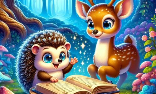 Un piccolo riccio dai aculei brillanti e dagli occhi scintillanti di eccitazione si trova al centro di una scena magica, scrutando un vecchio libro aperto su un piedistallo di legno, con un'espressione di intensa curiosità. Accanto a lui, una graziosa cerbiatta dal manto dorato e dai grandi occhi dolci guarda il libro con meraviglia, le orecchie tese, pronta a scoprire i segreti che contiene. Lo sfondo è un giardino incantato, pieno di piante dai colori vivaci e fiori splendenti, dove una dolce nebbia blu fluttua nell'aria, creando un'atmosfera misteriosa e fatata. In lontananza, un grande albero di quercia, maestoso e antico, si erge, le sue radici si intrecciano con il terreno, aggiungendo un tocco di saggezza a questo luogo magico. La situazione principale mostra i due amici che scoprono un libro antico, rivelando misteri sulla magia della nebbia che avvolge la loro città, pronti a tuffarsi in una nuova avventura piena di scoperte e amicizia.