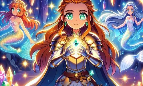 Lyria, una giovane donna coraggiosa dai lunghi capelli color rame e dagli occhi verdi scintillanti, si trova al centro della grotta scintillante, con un sorriso determinato sul volto. Indossa un'armatura lucente e un mantello blu che fluttua leggermente intorno a lei, mentre tiene saldamente tre gemme magiche nelle mani, illuminando il suo viso di una luce dorata. Accanto a lei, Serena, una sirena maestosa con squame argentate e lunghi capelli azzurri, fluttua graziosamente nell'aria, con gli occhi pieni di gratitudine e meraviglia. È circondata da cristalli luminosi che brillano come stelle, aggiungendo un tocco di magia alla scena. La grotta è un luogo incantevole, con pareti tappezzate di cristalli scintillanti che riflettono la luce delle gemme, creando uno spettacolo di colori vivaci. Il pavimento è coperto di sabbia dorata, e piccole gocce d'acqua scintillano intorno a loro, aggiungendo un'atmosfera di mistero e bellezza. La scena principale mostra Lyria, pronta a liberare Serena dall'incantesimo malefico, unendo le gemme magiche in un'esplosione di luce, mentre il canto della sirena risuona nella grotta, simboleggiando la rinascita di speranza e magia.