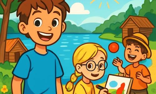 Een 12-jarig jongen, Lucas, met rommelig kastanjebruin haar en sprankelende ogen, staat voor een prachtig, zonnig meer. Hij draagt een felblauw t-shirt en een spijkerbroekshort, met een grote glimlach op zijn gezicht, die zijn opwinding voor de avonturen van het zomerkamp toont. Naast hem schildert Emma, een 11-jarig meisje met gevlochten blond haar en een ronde bril, met felle kleuren op een klein ezel, terwijl ze rode en groene accenten aan haar schilderij toevoegt. Iets verderop lacht Sam, een 12-jarig jongen met bruin haar en een strohoed, terwijl hij een bal naar Lucas gooit. De locatie is een idyllisch zomerkamp, omringd door grote groene bomen, met rustieke houten hutten en kleurrijke bloemen langs het pad. De lucht is helderblauw met enkele donzige witte wolken, en de zon schijnt fel, waardoor er schitteringen op het water van het meer ontstaan. De hoofdscène toont Lucas en zijn vrienden die samen plezier hebben, lachen en artistieke creaties delen, wat de vrolijke en vriendschappelijke geest van hun zomervakantie in het kamp vastlegt.