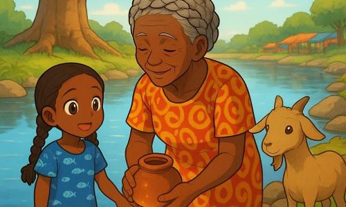 An elderly woman named Nana Siba, with a gentle wrinkled face and gray hair braided into a crown, smiles serenely as she leans toward a mirror-like river holding a small warm clay pot on her head; a six-year-old girl, Ayo, with braided hair in a blue fish-patterned dress stands left on the bank holding Nana Siba’s hand and gazing in wonder; a light-brown male goat named Momo with floppy ears stands right near the bridge stones, curious and still. The river is smooth and reflective, banks lined with large polished rocks and green grass, an ancient baobab with wide roots in the background and a blurred colorful market in the distance. Nana Siba gently opens the pot at the river’s edge and a soft warm glow escapes, small luminous ripples rise and reflect in the water; the scene is calm with warm contrasting colors and soft expressive manga-style features.
