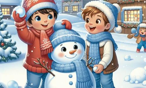 En un paisaje invernal, dos amigos están en el centro de la escena. Tomás, un niño de 8 años con cabello castaño y una sonrisa brillante, lleva un gorro rojo que contrasta con la nieve. Está haciendo una bola de nieve con los brazos levantados. A su lado, Leo, un niño de 7 años con cabello rubio y ojos brillantes, está envuelto en una suave bufanda azul. Se ríe mientras lanza una bola de nieve a Tomás. El escenario es un encantador pueblo con casas de madera cubiertas de nieve, luces brillantes en las ventanas y árboles adornados. El cielo es azul claro con copos de nieve que caen suavemente. La escena principal muestra a Tomás y Leo construyendo un gran muñeco de nieve, rodeados de copos que caen, creando una atmósfera alegre y mágica, llena de risas y amistad.