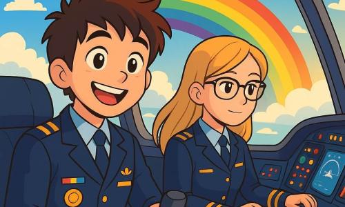 Um jovem piloto, Miguel, com cabelos castanhos bagunçados e olhos brilhantes de curiosidade, está no cockpit de um avião, sorrindo com entusiasmo. Ele veste um uniforme de piloto azul-marinho, decorado com emblemas coloridos, e segura o manche com confiança. Ao seu lado, uma jovem copiloto, Sofia, com cerca de 25 anos, cabelos longos e loiros, usa óculos e um uniforme correspondente. Ela observa atentamente os instrumentos, pronta para ajudar Miguel. O cockpit está cheio de botões luminosos e telas cintilantes, com grandes janelas que oferecem uma vista espetacular de um céu azul com nuvens brancas. Ao fundo, um arco-íris vibrante aparece entre as nuvens, iluminado pela luz dourada do sol poente. Miguel e Sofia estão pilotando o avião, com expressões de alegria e excitação, prestes a atravessar um arco-íris, simbolizando a aventura e a magia do voo.
