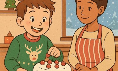 An 8-year-old boy named Oliver, with rosy cheeks and a big smile, is decorating a Christmas cake with red cherries and white icing. He is wearing a green Christmas sweater with reindeer patterns. Next to him, his mother, a woman around 35 with brown hair in a bun, watches him with pride and tenderness. She is wearing a red and white striped apron. They are in a warm and welcoming kitchen, decorated with string lights and small Christmas ornaments. The window shows a snowy landscape with snowflakes gently falling. The main scene shows Oliver focused and joyful, adding the final touch to his cake, while the atmosphere exudes the magic and warmth of Christmas.