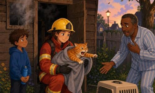 Female firefighter with a determined, calm face and focused brows, warm light on her shiny yellow helmet; wearing a red fire jacket with reflective stripes and black gloves, crouching at the open shed door retrieving a cat in a large towel. Boy Leo, about 11, messy brown hair, admiring and slightly shy, holding a blue water bottle behind a painted safety line to the left. Adult owner, about 50, relieved and breathless in pajamas and slippers, reaching for the carrier near the garden fence to the right. Cat Sir Pounce-a-Lot, orange-and-white tabby, wide alert eyes, wrapped in a gray towel with slightly visible claws, outraged but relieved. Weathered wooden shed with brown planks, a small smoky window and tin roof, light gray smoke drifting out, tools scattered and a partially open lawnmower inside. Suburban dusk garden with green grass, a tree with leaves moving in the wind, an orange streetlamp in the background and quiet house silhouettes. Main scene: a calm, precise rescue—the firefighter carefully opens the smoky door, uses a towel to secure the cat and hands it to the owner while the boy watches and the smoke rises into the sky.