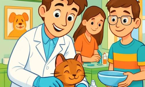 Un veterinario hombre, de unos treinta años, con ojos claros y cabello castaño desordenado, sonríe amablemente. Lleva una bata blanca y guantes de látex, inclinado sobre una pequeña gata atigrada, Miga, que está en una mesa de examen. Miga tiene ojos brillantes y un pelaje suave, ronronea suavemente, sintiéndose segura. A su lado, una joven, Marta, de unos 25 años, con cabello largo y castaño, prepara suministros veterinarios en una mesa, con una expresión concentrada y amistosa. Un joven, Leo, de unos 20 años, con gafas y una camiseta colorida, sostiene un bol de agua tibia, observando la escena con una sonrisa alentadora. La clínica veterinaria es luminosa y acogedora, con paredes pintadas de verde pastel, estanterías llenas de juguetes para animales y carteles de animales sonrientes en las paredes. Una gran ventana deja entrar la luz del sol, iluminando la habitación. La situación principal muestra al veterinario cuidando la pata herida de Miga, con suavidad y atención, mientras Marta y Leo lo ayudan preparando las herramientas necesarias. La atmósfera es cálida y reconfortante, llena de compasión y cuidado por los animales.