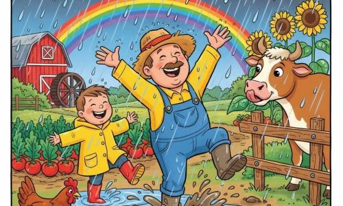 Middle-aged farmer Mr. Brown—round face, fair skin, thin mustache, worn straw hat, blue overalls and muddy rubber boots—joyfully raising his arms in a downpour, splashing; a 7-year-old boy Timmy with short brown hair, rosy cheeks, yellow raincoat and red boots laughs and jumps in a nearby puddle, looking up; a large brown-and-white cow Bella stands to the right by a wooden fence licking a wet leaf; a red hen Henrietta pecks beside a small white egg basket in the muddy foreground; colorful vegetable garden with tomato and carrot rows, sunflowers, a watermill and red barn in the background, dark cloudy sky, visible raindrops, bright rainbow over the barn, warm optimistic mood in saturated colors and crisp outlines reminiscent of a 1990s cartoon.