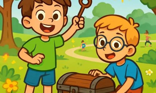 Een 10-jarig jongetje, Sam, met rommelig bruin haar en nieuwsgierige sprankelende ogen, staat in een groene park met een grote glimlach op zijn gezicht. Hij draagt een felgroen t-shirt en een spijkerbroek, en houdt een oude roestige sleutel in zijn rechterhand, terwijl zijn linkerhand naar een oude houten kist wijst die hij net heeft ontdekt. Naast hem kijkt zijn beste vriend Tim, ook 10 jaar oud, met blond haar en ronde brillen, verwonderd naar de kist. Hij draagt een blauwe t-shirt en een rode short en zit klaar om de kist te openen. Het park is gevuld met kleurrijke bloemen, majestueuze bomen en een goed onderhouden grasveld, met kinderen die in de verte spelen. De zon straalt in een heldere blauwe lucht, wat een vrolijke en warme sfeer creëert. De hoofdscène toont Sam en Tim die de onder bladeren begraven kist ontdekken, wat hun avontuur symboliseert om hun buurt ecologischer te maken en hun enthousiasme voor de natuur.