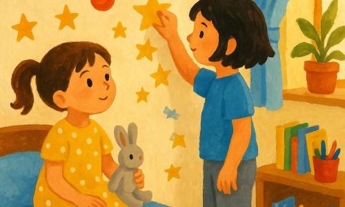 Two girls, about 6 years old: a brown-haired girl with pigtails in a yellow polka-dot dress sits on the left holding a small stuffed rabbit and looking at a wall decorated with paper stars; a short black-haired girl in a blue t-shirt and gray pants stands on the right, slightly turned toward the first, sticking a paper star to the wall with her left hand. They are in a bright, warm children's bedroom with cream walls, a window letting in soft morning light, a bed with a blue blanket, a wooden shelf with books and a pencil box, and potted plants on the windowsill. Main scene: the two comforting sisters are making a paper galaxy on the wall—small planets and stars glued on, a few falling stars being fixed with tape; the mood is intimate and warm with visible gouache textures and brushstrokes.