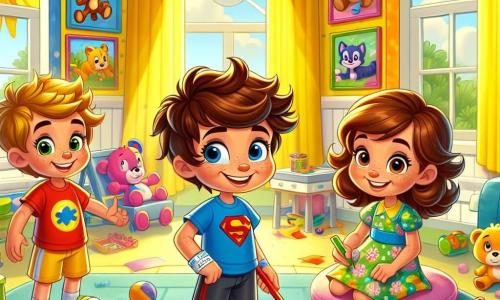 There are three main characters: 

1. **Sam**, a seven-year-old boy with bright blue eyes and messy brown hair. He wears a red t-shirt with a superhero and blue shorts. He stands in the center, smiling, holding colored pencils in his hands.

2. **Lily**, a seven-year-old girl with beautiful brown curls and a big smile. She wears a colorful floral dress and sandals. She sits on the floor to the left of Sam, drawing on a large sheet of paper.

3. **Max**, a seven-year-old boy with messy blonde hair and freckles. He wears a green t-shirt and black shorts. He is to the right of Sam, making a funny face to make his friends laugh.

The scene takes place in a bright and colorful hospital playroom, with yellow painted walls and cheerful animal drawings. There are toys scattered on the floor, soft cushions, and a large window letting in sunlight.

The main situation shows Sam, Lily, and Max creating colorful cards for the nurses, surrounded by crayons and markers. They laugh together, sharing funny ideas for their messages, illustrating the magic of friendship and creativity even in a hospital environment.