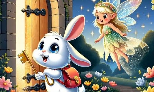 An illustration depicts a small white rabbit with blue eyes, wearing a tiny red backpack. It looks curious and amazed, holding a shiny key in its front paws, standing in front of a sparkling magical door in an old bell tower. Beside it is a small fairy with shimmering wings, golden hair, and a dress made of flower petals, smiling kindly and floating slightly above the ground. In the background, the bell tower is surrounded by a lush park, with trees having bright leaves and colorful flowers dancing in the wind. The dawn light illuminates the scene, creating a magical and enchanting atmosphere. The main focus is on the moment the little rabbit discovers the secret door leading to a hidden world, with a magical glow emanating from the lock, while twinkling stars surround it, symbolizing the wonder and adventure that await.
