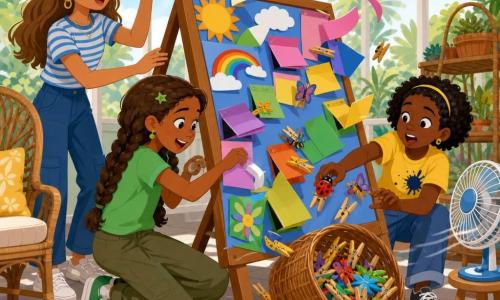 Three girls: Lila, 11, brown hair in a braid wearing a green T‑shirt, kneeling center in front of a large wooden easel holding tape and attaching paper flaps to a colorful board; Mina, 12, light brown hair, blue-and-white striped T‑shirt, standing left holding a dolphin-shaped clothes peg and steadying the board; Junie, 11, short curly hair, yellow T‑shirt with an ink stain, crouched right by an overflowing laundry basket of pegs (one ladybug pegs) letting some fly into the air. They are in a bright sunroom with light tile floor, large glass roof with angled sunbeams, potted plants on wicker shelves, a rattan chair, a small electric fan on a stool creating a breeze, and posters and colored papers on the walls. The display board is tilted partly into the peg basket, pegs scattered in the air, paper flaps open and floating as the three sisters work together to tape and clip the flaps, surprised and amused expressions, dynamic scene with vivid colors.