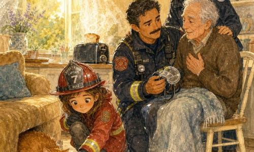 Maya, a determined ~10-year-old girl with a round freckled face, calm focused expression, wearing a shiny small red firefighter jacket and slightly oversized helmet, crouches and gently reaches her gloved hand toward an orange fluffy cat under the sofa; Captain Ruiz, a ~40-year-old man with a tan complexion and thin mustache, calm reassuring expression, kneels by a pale kitchen chair next to Mr. Bell checking his breathing while holding a removed protective mask; Lena, ~30, ponytail and attentive look, stands behind the Captain ready to support Mr. Bell; Mr. Bell, ~75, light gray hair and wrinkled grateful face, sits with a light blanket on his knees looking relieved; Marmalade the cat, half out from under the sofa, fur bristled but curious, sniffs Maya’s hand; the small warm kitchen has light tiles, soft yellow walls, an open window with a moving curtain, a slice of bread in a smoking black toaster, stacked dishes, late golden daylight, and tendrils of light smoke—a calm reassuring rescue scene where the team checks safety and the old man’s breathing while Maya soothes the frightened cat, warm colors, delicate watercolor textures, and white highlights for reflections.