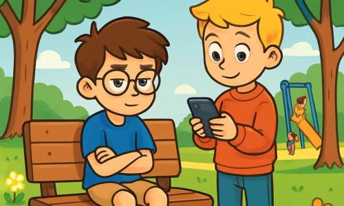 There are two main characters: Liam, a 12-year-old boy with messy brown hair and round glasses, wearing a blue t-shirt and beige shorts, sitting on a wooden bench with his arms crossed, looking thoughtful; and Ethan, also 12, with blonde hair and sparkling eyes, wearing a red sweatshirt and jeans, standing next to Liam, focused on his phone. The setting is a lush park with tall trees, colorful flowers scattered on the grass, and a clear blue sky with fluffy white clouds. In the distance, children can be seen playing on a playground. The main situation shows Liam and Ethan on the bench, with Ethan absorbed in his phone while Liam looks at him with a melancholic expression, wondering where their old adventures have gone.