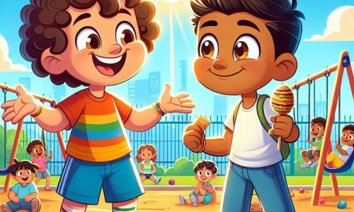 A 6-year-old boy, Tommy, with curly hair and a big smile, stands in the center of the image with his arms open, expressing joy and excitement. He is wearing a colorful t-shirt and shorts. Next to him is Amir, a 6-year-old boy of Egyptian descent, with olive skin and sparkling eyes, smiling shyly while holding a piece of falafel in his hand. They are both on a sunny playground, surrounded by colorful swings and slides, with children playing in the background. The scene shows Tommy and Amir laughing together, illustrating their new friendship and discovery of cultural differences.