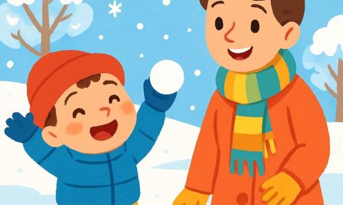 A 2-year-old boy with rosy cheeks and sparkling eyes is wearing a red hat and blue boots. He is playing in the snow, smiling in wonder with his arms raised in the air. Next to him, his mother, a smiling woman in her 30s with brown hair in a bun, watches him proudly while wearing a colorful scarf and a warm coat. The setting is a magical winter landscape with snowflakes gently falling from the light blue sky, trees covered in shimmering snow, and a fluffy white ground. The main scene shows the little boy joyfully making snowballs while his mother encourages him with a warm smile.
