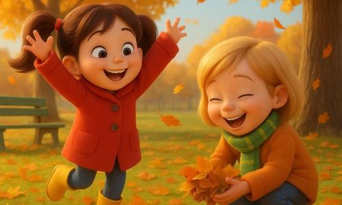 Ci sono tre personaggi: una bambina di circa 6 anni con capelli castani lunghi in codini, cappotto rosso e stivali gialli a sinistra che salta in una montagna di foglie con le braccia alzate e un largo sorriso; un'altra bambina di circa 6 anni con capelli biondi corti, sciarpa verde a righe, cappotto arancione e jeans a destra, accovacciata a raccogliere foglie e ridere; e un piccolo riccio bruno-grigio con aculei morbidi e occhi lucenti davanti a loro che attraversa l'erba verso un mucchietto di foglie. Luogo: un parco autunnale luminoso con un grande albero dalle foglie gialle, arancioni e rosse, erba verde punteggiata di foglie secche, un'altalena di legno sfocata sullo sfondo e una panchina di legno dipinta di verde a sinistra. Situazione principale: due amiche che giocano in un grande cumulo di foglie colorate in un pomeriggio d'autunno; le foglie volteggiano in piccoli turbini, la luce bassa del sole crea ombre morbide e riflessi caldi, atmosfera gioiosa, tranquilla e ricca di colori autunnali.