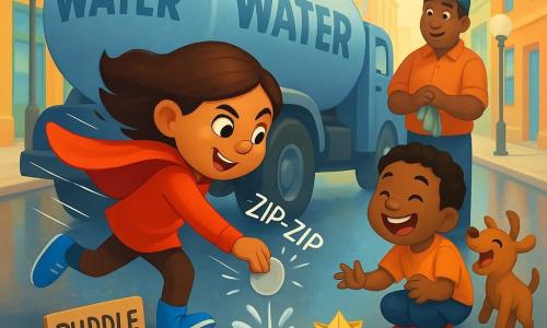 A mischievous smiling heroine, Zooma Girl, in a shiny red cape and fast blue shoes, sticks a round silver sticker over a small leak on a water truck with 