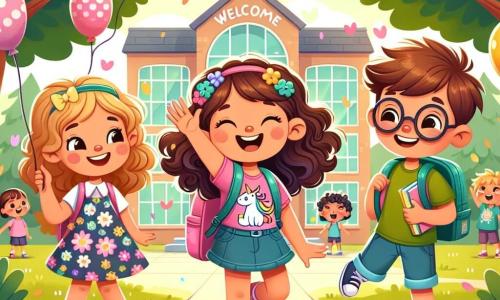 Clara, una niña de 9 años con hermosos rizos y una gran sonrisa, se encuentra en el centro de la imagen, con los ojos brillantes de emoción, vistiendo una camiseta colorida con un diseño de unicornio y una mochila llena de útiles escolares. A su derecha, Lucas, un niño de 10 años con cabello castaño desordenado y gafas redondas, la anima con un gesto de la mano, sonriendo ampliamente mientras sostiene un libro con la otra mano. A su izquierda, Ana, una niña de 9 años con trenzas y un vestido de flores, baila alegremente, con los brazos en alto, llena de energía y alegría. El escenario es el patio de la escuela, rodeado de grandes árboles con hojas verdes brillantes, con globos de colores flotando en el aire y niños jugando alrededor. Al fondo, se ve el edificio escolar, con ventanas luminosas y carteles de bienvenida en las paredes. La escena principal muestra a Clara, Lucas y Ana celebrando su primer día de escuela juntos, riendo y bailando, rodeados de un ambiente festivo y alegre, ilustrando la emoción y la amistad que surgen al inicio del año escolar.