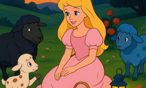 Das erwachte Dornröschen mit sanftem Lächeln und leuchtenden Augen sitzt in einem hellrosa Kleid mit Puffärmeln mitten auf einer Wiese und stellt einen kleinen Blumenkorb neben sich; ein alter schwarzwolliger Widder mit weisen Augen sitzt neben ihr und spricht ruhig, ein geflecktes neugieriges Lamm hebt die Pfote, ein etwas zurückhaltendes blau geflecktes Schaf schaut sie mit sanften Augen an; die Szene spielt in einem hügeligen Abendwiesen mit grünen Gräsern, wilden Blumen, dunklen Baumrändern und einem Rosenbusch hinter ihr, warmes Laternenlicht erfüllt die Luft; die mehrfarbigen Schafe weben lächelnd und entspannt nach dem Sturm eine symbolische Mauer aus Schnüren und bunten Bändern, die Stimmung ist ruhig und einladend.