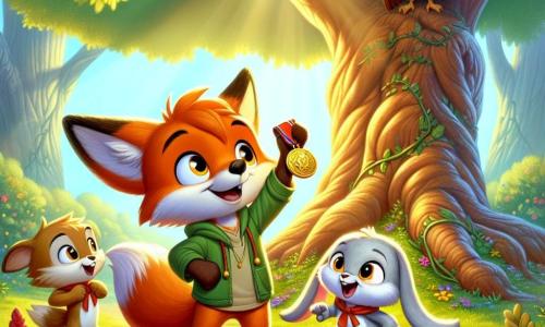 Ein kleiner Fuchs namens Felix mit leuchtend orangefarbenem Fell und neugierigen Augen steht vor einem großen, knorrigen Baum und hält eine glänzende Medaille in seinen Vorderpfoten, mit einem staunenden und entschlossenen Blick. Neben ihm springt ein kleiner, frecher Hase namens Rudi mit langen Ohren und weißem Fell vor Freude, während eine weise Eule namens Ella mit braunen Federn und runden Augen auf einem Ast sitzt und die Szene nachdenklich beobachtet. Der Ort ist eine sonnige Lichtung, umgeben von majestätischen Bäumen mit leuchtend grünen Blättern, bunten Blumen am Boden und einem sanften Lichtstrahl, der durch die Äste filtert. Die Hauptsituation zeigt Felix und seine Freunde, die eine alte, geheimnisvolle Medaille entdecken, ein Symbol für ein bevorstehendes Abenteuer, während sie sich darauf vorbereiten, das Geheimnis der alten Eiche zu lösen.