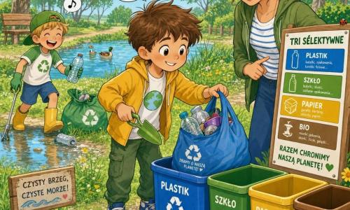 Ośmioletni chłopiec z potarganymi brązowymi włosami, uśmiechnięty i skupiony, trzyma zieloną łopatkę i niebieską torbę na plastik, wkłada odpady do kosza na recykling; obok stoi jego matka (~35 lat) z spiętymi kasztanowymi włosami, wskazująca znak „Segregacja” i zachęcająca syna; w tle po lewej radosny kolega w zielonej czapce podnosi plastikową butelkę przy kałuży; miejsce: słoneczny park przy małej niebieskiej sadzawce, zielona trawa z żółtymi kwiatami, drewniana ławka, drzewa, kilka muszli i wodorostów na trawie przypominających ocean; główna scena: dzieci sprzątają park, żywe kolory, kolorowe worki i kosze, bąbelki radości podkreślające ducha zespołu i działania ekologiczne.