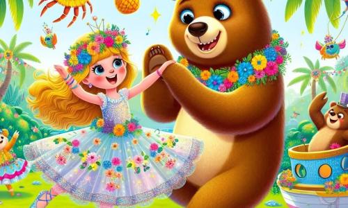 La principessa Lucilla, una ragazza di circa 10 anni, ha lunghi capelli dorati adornati di fiori colorati. Indossa un vestito leggero in tessuto scintillante, pieno di motivi floreali, e mostra un grande sorriso gioioso, con gli occhi scintillanti di eccitazione. Sta danzando con un orso ballerino, un grosso orso bruno dal pelo morbido, vestito con un tutu rosa e un cappello a cilindro, che fa delle pirouette con lei sull'erba verde. Nei dintorni, Sir Pinzy, un granchio con un monocolo, si trova su una piccola barca di foglie di palma, incoraggiandoli con entusiasmo. Ha un carapace rosso vivo e chele che gesticolano gioiosamente. Il contesto è l'Isola delle Meraviglie Tropicali, un luogo magico pieno di palme ondeggianti, fiori brillanti e pappagalli colorati che volano nel cielo blu. Ghirlande di frutti lucenti decorano gli alberi e una musica gioiosa risuona nell'aria. La scena principale mostra Lucilla e l'orso che danzano insieme durante la festa delle meraviglie, circondati da creature fantastiche che partecipano a giochi divertenti, creando un'atmosfera di gioia e risate.
