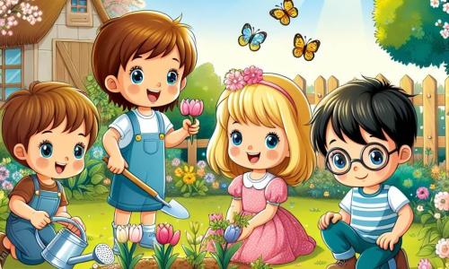 In un giardino soleggiato, quattro bambini stanno piantando fiori. Marco, un bambino di quattro anni con capelli castani e occhi brillanti, è accovacciato mentre scava un buco nella terra con una piccola pala. Accanto a lui, Sara, una bambina di quattro anni con capelli biondi e un vestito rosa, sorride tenendo un bulbo di tulipano tra le mani. Più in là, Luca, un bambino di quattro anni con capelli castani e una maglietta blu, versa acqua con un piccolo annaffiatoio, mentre Matteo, un bambino di quattro anni con occhiali e capelli neri, osserva attentamente la scena con un sorriso. Il giardino è pieno di verde, con alberi in fiore e petali rosa e bianchi. Farfalle colorate volano intorno ai bambini, e il terreno è coperto di terra marrone, pronto per le nuove piantagioni. I bambini sono felici e entusiasti, ridendo e aiutandosi a preparare il giardino per la bella stagione, sognando già i magnifici fiori che sbocceranno presto.