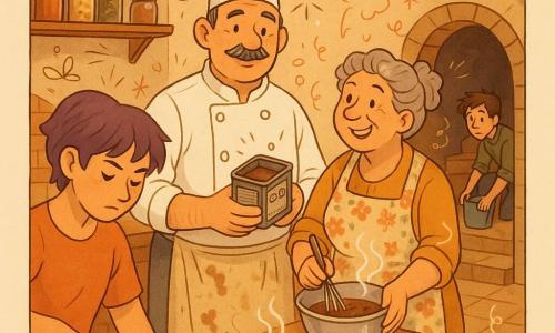 Un chef de cinquenta años, rostro redondo con bigote canoso corto y expresión amable, viste chaqueta blanca impecable y delantal beige con harina, sostiene una caja metálica de cacao abierta; Doña Reme, unos 60 años, rizada y alegre con moño y delantal floral, bate nata en un bol a su derecha mirando cómplice al chef; Lila, joven de ~20 años, garçonne de cabello corto violeta, concentrada, corta frutas sobre una tabla al frente izquierdo; Tomás, unos 25, cabello castaño alborotado, arrodillado junto a una escalera que baja a la bodega, repara una pequeña fuga con un cubo y una esponja; cocina cálida y detallada con estantes de madera, ollas de cobre, mesa de trabajo gastada y lámparas metálicas, al fondo escalera de piedra a una bodega abovedada; atmósfera de calma tras la tormenta: equipo coordinado alrededor de un postre de cacao con ligera vapor, migas de harina y salpicaduras de chocolate; colores cálidos (ocres, marrones, cobre), trazos limpios y pequeños doodles de notas musicales, estrellas y utensilios.