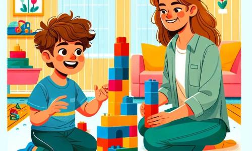 A 3-year-old boy named Leo, with messy brown hair and sparkling curious eyes, is sitting on the floor surrounded by colorful blocks. He has a big smile, full of determination, as he carefully stacks red, blue, and yellow blocks to build a tall tower. Next to him, his mother, a woman in her thirties with brown hair and a warm smile, encourages him with open arms, sitting on a fluffy cushion and watching Leo with pride. Their living room is bright and welcoming, with pastel yellow walls, toys scattered on the floor, and a large window letting in sunlight, creating a joyful and warm atmosphere. Leo, focused and happy, is trying to build the tallest tower he has ever made, while his mother lovingly encourages him, showing him that he can succeed by trying again and again.