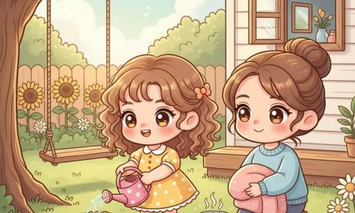 A joyful 8-year-old girl with curly light-brown hair, bright eyes and rosy cheeks waters seedlings with a small pink watering can while wearing a yellow polka-dot dress and green boots; her smiling mother, about 35, hair in a bun and a light-blue sweater, sits on a small wooden chair holding a blanket and watches tenderly from the right; a plastic thermometer on a small table beside a pot of soup hints at a recent illness. The cozy backyard garden basks in morning sun with dark rich soil, rows of green shoots, white daisies and sunflowers, an old swing on a large oak and a cream wooden house with an open window. The scene conveys healing and care, soft bright light, sparkling water droplets, reassuring expressions and family warmth.