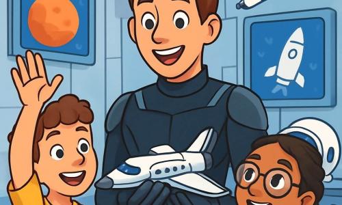 Een man, Daan, staat in het midden van de afbeelding, gekleed in een glanzend en futuristisch zwart ruimtepak met zilveren details, zijn gezicht straalt van opwinding en nieuwsgierigheid. Hij heeft kort bruin haar en sprankelende ogen van blijdschap, terwijl hij een model van een ruimteschip aan de kinderen om hem heen toont. Aan zijn rechterkant steekt Amir, een 10-jarig jongen met krullend haar en een lichte huid, zijn hand op met een grote glimlach, vol verlangen om een vraag te stellen. Aan zijn linkerkant observeert Noor, een 9-jarig meisje met vlechten en een bril, aandachtig, haar gezicht verlicht door verwondering. De achtergrond is het interieur van een modern ruimtecentrum, met zilveren metalen muren, schermen die beelden van planeten tonen en modellen van raketten die aan het plafond hangen. Wetenschappelijke instrumenten en astronautenuitrusting zijn zorgvuldig om hen heen geplaatst. Daan legt gepassioneerd de wonderen van de ruimte uit, terwijl de kinderen geboeid luisteren naar zijn verhalen over astronauten en interstellaire avonturen.