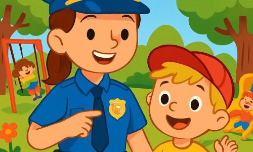 Eine lächelnde Polizistin in einer leuchtend blauen Uniform und einem glänzenden Hut steht stolz neben ihrem Kollegen. Sie hat braune Haare zu einem Pferdeschwanz gebunden und strahlende Augen. Neben ihr steht ein 5-jähriger Junge mit zerzausten blonden Haaren und einer roten Kappe, der aufgeregt die Hand hebt. Er trägt ein gelbes T-Shirt und blaue Shorts. Die Szene spielt in einem sonnigen Park mit üppigen grünen Bäumen und bunten Blumen. Kinder spielen um sie herum, lachen und haben Spaß auf Schaukeln und Rutschen. Die Polizistin erklärt den Kindern, was ein Polizist macht, und zeigt ihren glänzenden Dienstmarke, während der Junge fasziniert zuhört.