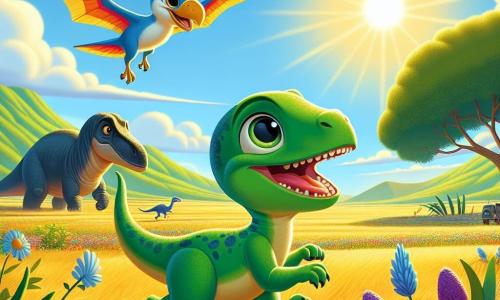 Ein Velociraptor namens Rafi, mit leuchtend grünem Gefieder und neugierigen Augen, steht im Mittelpunkt der Szene und zeigt einen fröhlichen und entschlossenen Ausdruck. Er läuft durch eine sonnige, weite Ebene, seine agilen Beine peitschen das goldene Gras. Neben ihm fliegt ein kleiner Pterodactylus namens Lila mit bunten Flügeln und einem fröhlichen Lächeln leicht über ihm, ihre leuchtend blauen Federn kontrastieren mit dem klaren Himmel. Im Hintergrund steht ein majestätischer Brontosaurus namens Bodo nahe einem großen Baum, seine langen Beine und sein schlanker Hals heben sich gegen den Himmel ab, während er Rafi und Lila wohlwollend beobachtet. Die Landschaft ist geprägt von grünen Hügeln, bunten Blumen und einigen sanft schwebenden, watteartigen Wolken. Die Szene fängt den Moment ein, in dem Rafi und Lila sich auf den Weg zur geheimnisvollen Höhle machen, in der sie hoffen, ihren legendären Freund zu finden, voller Aufregung und Hoffnung.